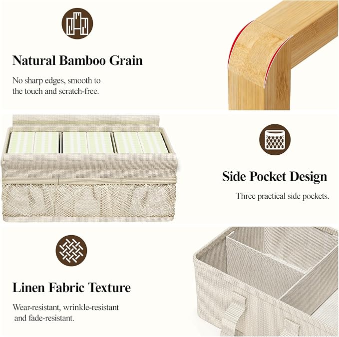 Bamboo Diaper Caddy Cart with Wheels - 3-Tier Rolling Storage，Beige | Removable bins, side pockets, sturdy handle, smooth wheels. For nursery, living room, laundry, pet. Natural bamboo, versatile