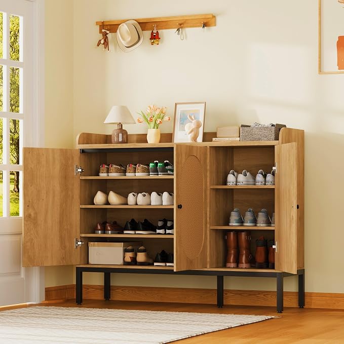GarveeHome Rattan Shoe Cabinet with 3 Flip Doors, 8-Tier Freestanding Shoe Storage Cabinet with Adjustable Shelves, Large Capacity Shoe Organizer for Entryway, Closet, Natural Oak