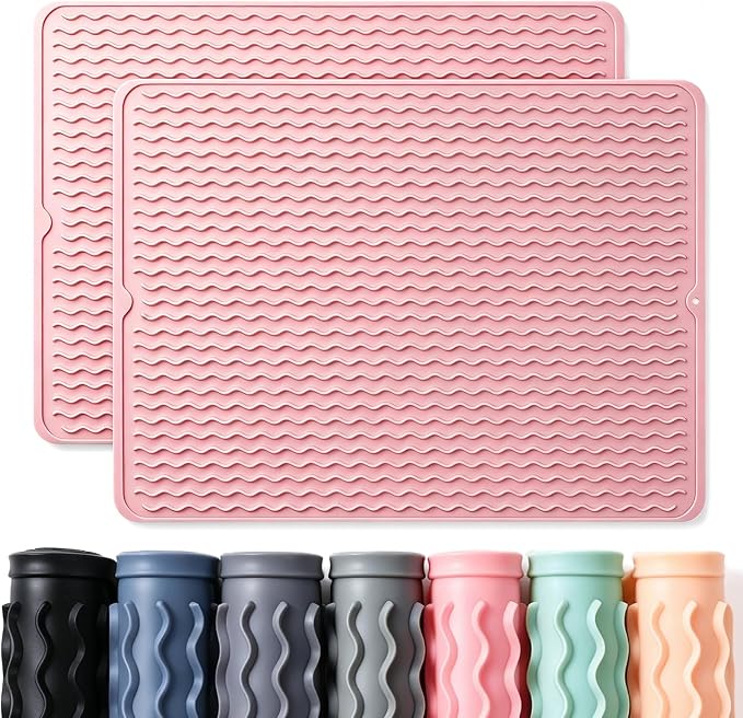 2 Pack Caketime Silicone Dish Drying Mat for Kitchen Counter Cooking Baking Liners Drawer Refrigerator Espresso Machine Station Utensil Holder Washer Trivets Oven Chef Gifts Extra Large 24"x18" Pink