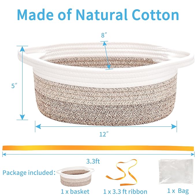 ABenkle Small Basket Empty Gift Basket, Decorative Boho Rope Woven Nursery Storage Organizer Dog Toy Baskets for Baby Showers Christmas Easter with Gift Bags and Ribbons, 12"X 8" X 5"