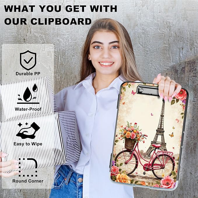 A4 Clipboard with Storage Pen Holder, Clipboards Organizer Nursing Clipboard Foldable File Folder Plastic Clipboard Folio Clip Board for Office Work Classroom Doctor, Bicycle Leaning Tower