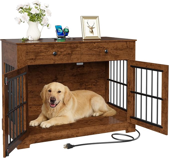 Dog Crate Furniture with Storage Dog Kennel w/2 Drawers, 44.5'' Heavy-Duty Wooden Dog House Indoor End Table Tv Stand with Charging Station Pet Cage for Small/Medium Dogs(Brown)