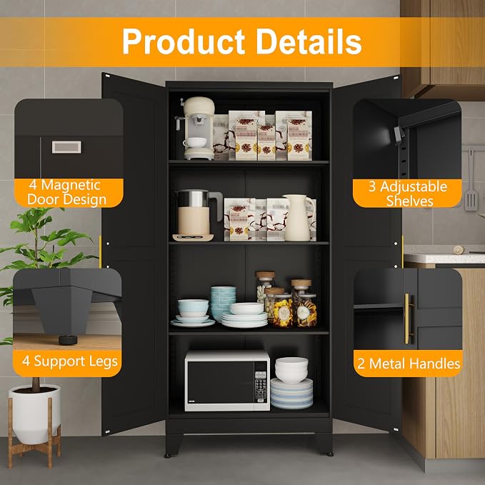 Ckzbx Metal Cabinets with Doors and Shelves, 75" H Black Storage Cabinet Pantry Cabinet Garage Cabinets for Kitchen,Living Room, Dinning Room