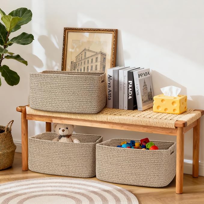3 Pack Large Storage Basket for Organizing, 17.5"x13"x7" Woven Basket for Shelves, Closet Cube Storage Bins with Wrapped Handle, Cotton Rope Baskets for Kitchen, Clothes, Toys(Natural))