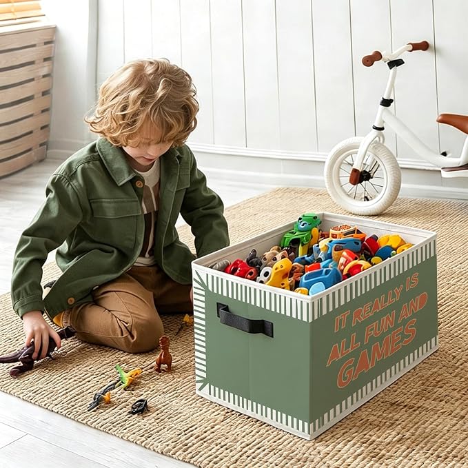 Retro Kids Playroom Foldable Storage Bins Box with Handles, It Really Is All Fun and Games Decorative Storage Boxes Baskets Toybox Organizer for Kids Boy Girl Nursery Room Bedroom Playroom