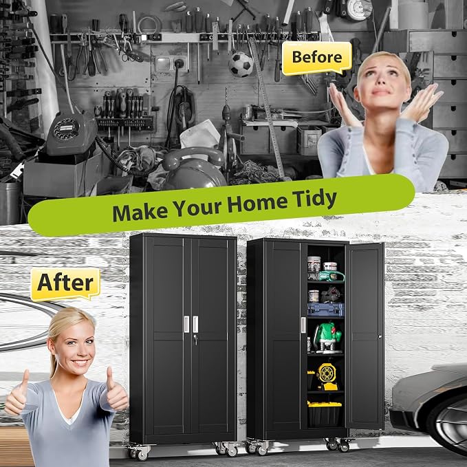 61-Inch Metal Garage Storage Cabinet with Wheels, Locking Doors and Shelves | 3 Adjustable Shelves, Locking Doors, Magnetic Closure, 360° Casters, Anti-Tip Kit, Cold-Rolled Steel
