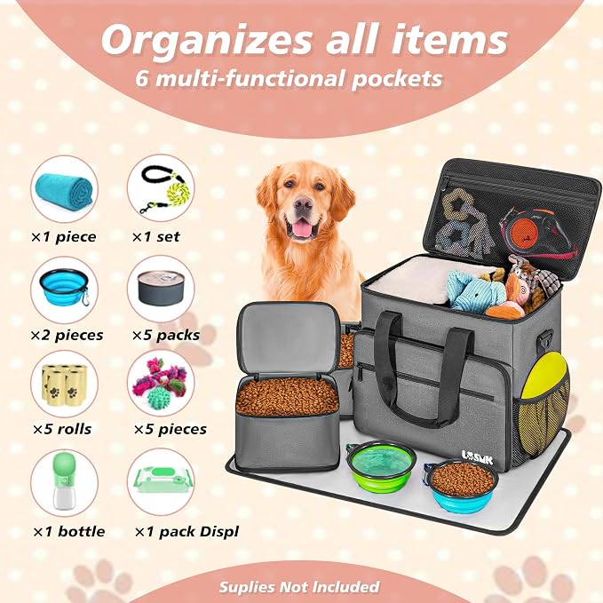 Dog Travel Bag, Large Pet Travel Set with Multi-Function Pockets | 2 Food Storage Containers, 2 Collapsible Bowls, 1 Feeding Mat for Pet Supplies, Road Trip Essentials, Weekend Camping, Grey