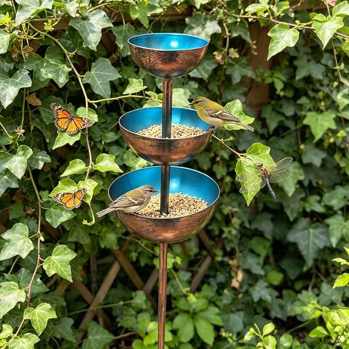 Rain Catcher Bird Bath 3-Tier, Rain Catcher Garden Stake, Antique Bronze Metal Water Bowls Bird Bath and Bee Watering Station with Soil Post for Lawn Edge,Flower Bed, and Open Yard Display