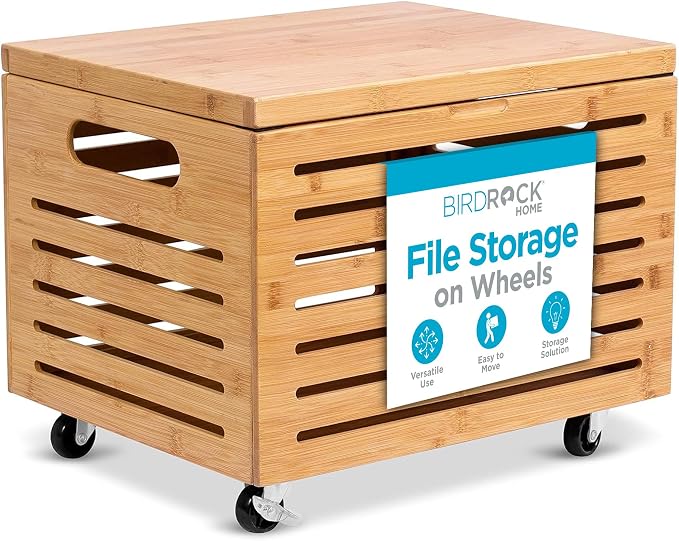 BIRDROCK HOME Rolling File Storage Organizer Box with Lid - Bamboo Decorative Wood Hanging File Box for Letter/Legal Documents, Binders, Blankets - Durable Office Organizer - Natural