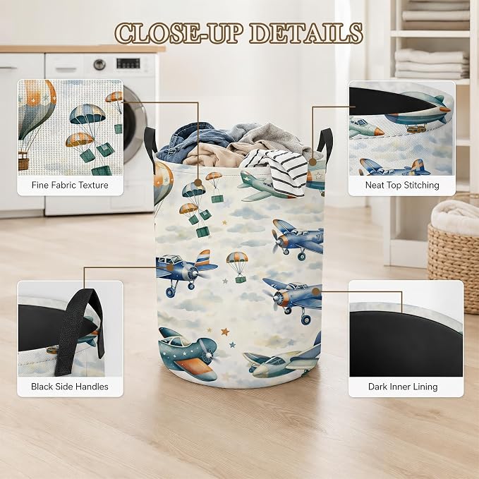 Vintage Airplanes Laundry Basket, Cloud Sky Collapsible Laundry Hamper Waterproof Oxford Cloth With Handles, Clothes Storage Bucket For Bathroom/Bedroom 16" x 20.8"