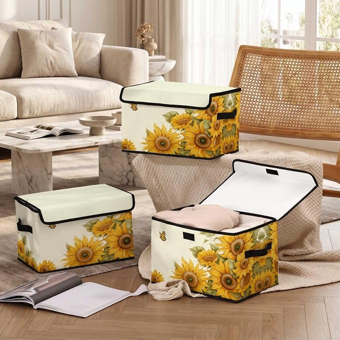 Stackable Storage Bins with Lids,Closet Organizers Fabric Box for Home and Office,Blanket Clothes Organizers,Under Bed Storage Containers 3 Pack