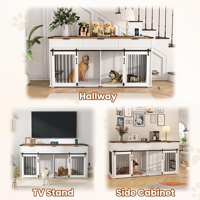 71'' Large Dog Crate for 2 Dogs, Dog Kennel Indoor with 3 Drawers and Removable Divider, Double Dog Crate Furniture with 360° Rotating Feeder, Wooden Dog Cage for Medium Large Dogs (White)