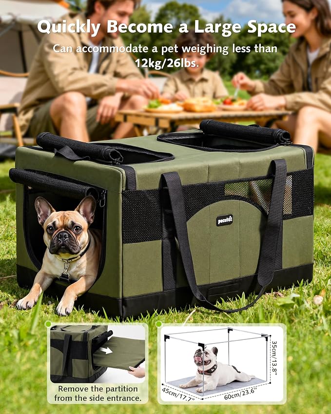 Pecute Large Cat Carrier, Soft Double Pet Crate for 2 Cats Travel, Green | Anti-Collapse Steel Frame, Convertible Dual Space, Foldable, Polyester Breathable mesh, Up to 26 lbs, Car Travel & Vet Visits