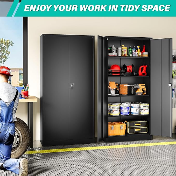 Wide & Deep Metal Storage Cabinet with Lock & 5 Shelves,72" Black Garage Storage Cabinet with Locking Doors,Lockable Cabinets for Home,Office,Garage,Shop,Basement 72x36x18