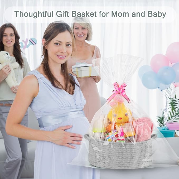 COMSE Empty Small Gift Basket with Bag & Ribbons, Cool Gray | Cotton Rope, 12"x 8"x 5", Baby Toy Organizer, Stores Small Items for Bedrooms, Nurseries, Bathrooms, Living Rooms, Offices
