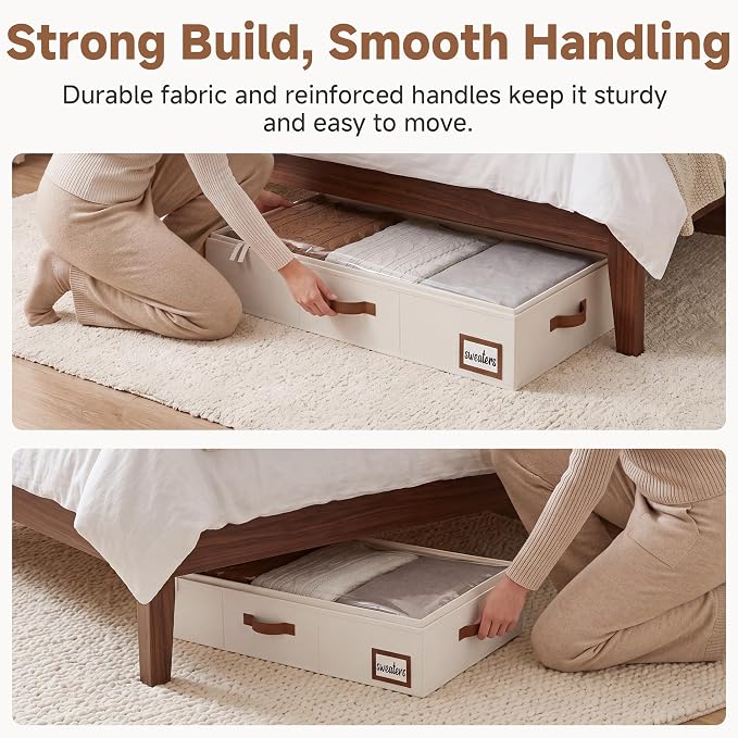 StorageWorks 6 Inch Low Profile Under Bed Storage Containers with Clear Lid | Reinforced Structure, Resists Sagging, Handles & Label Holder, Foldable Stackable Closet Storage for Clothes, Blankets, Toys
