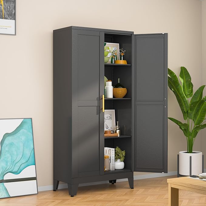 Black Kitchen Pantry Cabinets, 48" Metal Storage Cabinet for Office | Steel Kitchen Pantry Storage with Doors and 3 Adjustable Shelves, for Office, Home, Garage, School
