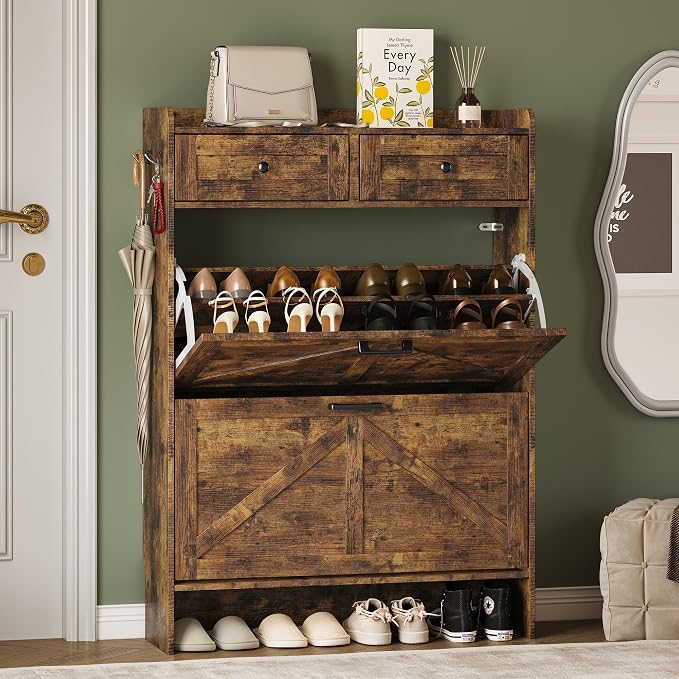 BORNOON Shoe Storage Cabinet for Entryway, Farmhouse Narrow Shoe Cabinet with 2 Flip Drawers & Top Drawers, Adjustable Shelves & Hooks, Freestanding Hidden Rack Organizer for Hallway, Foyer