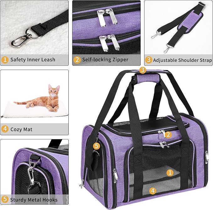 Soft-Sided Cat/Dog/Pet Carrier, Collapsible Pets Travel Carriers | for Big Cats/Small Dogs with Shoulder Strap & Removable Mat, Mesh Puppy Carry Bag, Up to 16 Lbs, TSA Airline Approved(Purple)