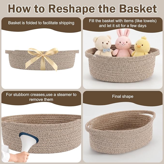 Basket for Gifts Empty, Small Woven Basket with Bags and Ribbons, Baby Toy Small Baskets with Handles, Wicker Storage Bin for Baby Showers or Pet Toy, Light_Brown, 1 Pack, (12"x 8"x 3.74")