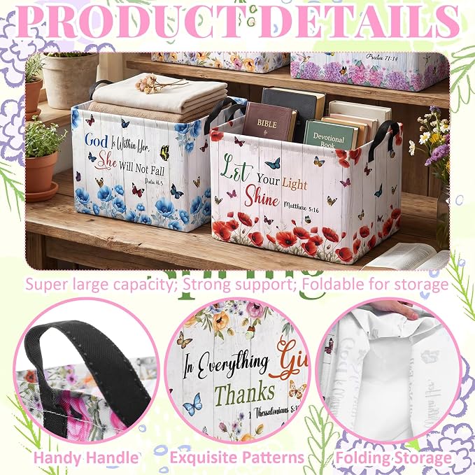 4 Pcs Christian Floral Storage Basket for Gifts Large Bible Verse Butterfly Floral Storage Bins with Handles 15 x 10 x 8 Fabric Inspirational Collapsible Organizer Boxes for Home Clothes Toys