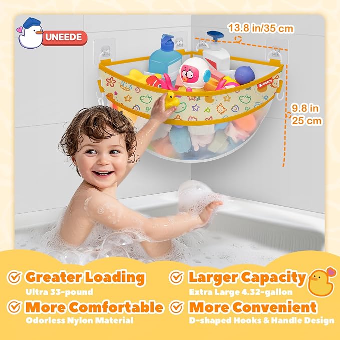 UNEEDE 4.32 Gallons Duck Print Corner Mounted Bath Toy Storage Holder | Yellow Mesh Shower Caddy for Bathtub Organizer, Quick Dry Holder
