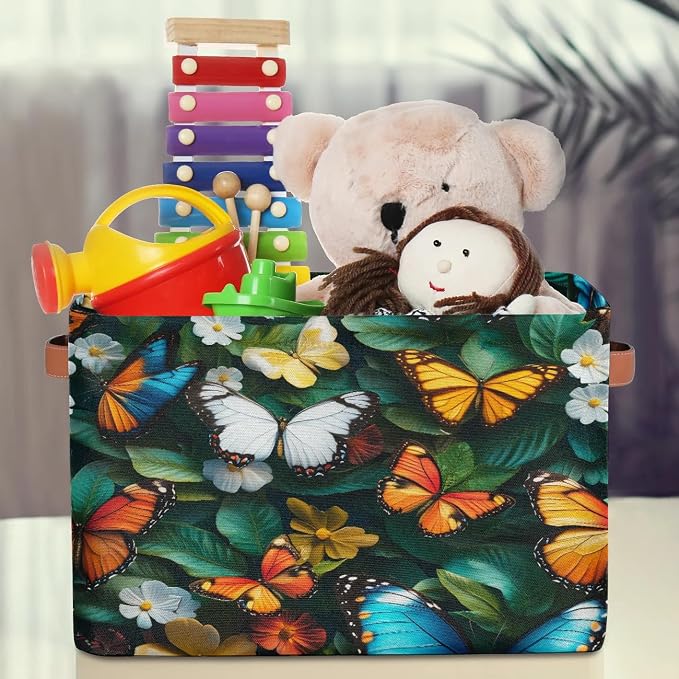 Butterfly Storage Baskets with Handles Fabric Storage Boxes Collapsible Nursery Basket for Shelf Book Cloth 15 X 11 X 9.5 IN Closet Organizer Bins