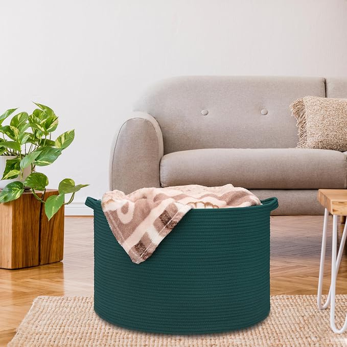 Large Cotton Rope Blanket Basket, 87L Laundry Hamper, Dark Green