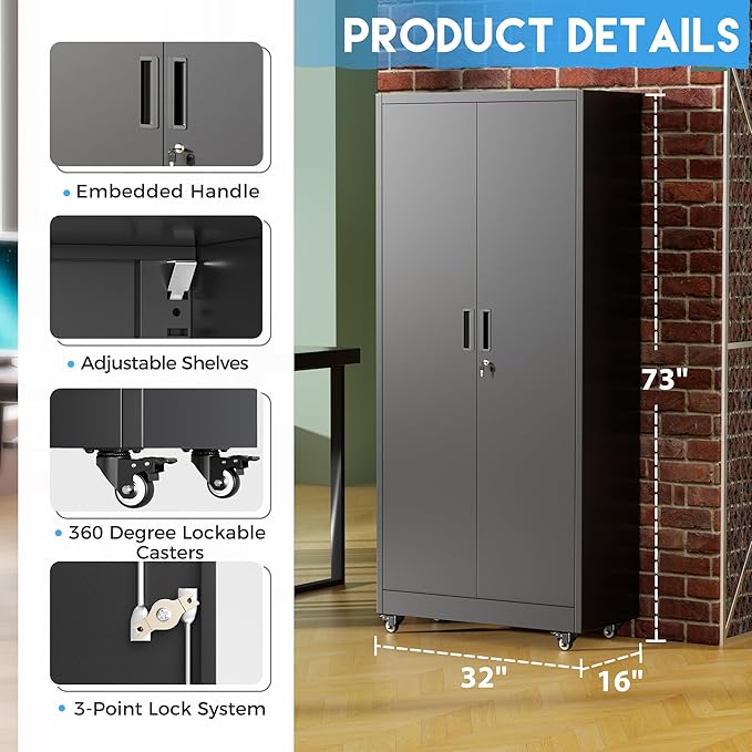 Greenvelly Metal Garage Storage Cabinet with 4 Swivel Wheels, 73" Black Storage Cabinet on Wheels, Rolling Tool Cabinet with Locking Doors and Shelves for Garage, Basement, Home, Warehouse