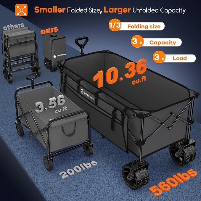 Originsure 300L Beach Wagons Carts Foldable with Big Wheels, 560lbs, Grey | 48" Folding Utility Wagon,7" All-Terrain Wheels,Heavy Duty Frame,Compact&Space-Saving,for Camping,Sports,Grocery,Garden