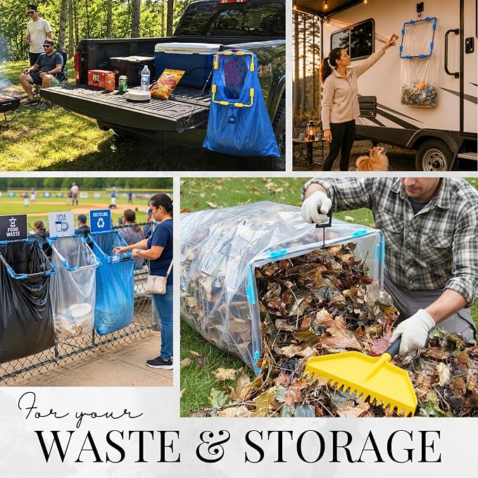 Portable Trash Bag Holder Stand For 20-33+ Gallon Liners. 16x17in Hanging Stand for Waste or Storage & Organization. Garbage can For Home Recycling Camping Picnic Party Boat Car RV or Leaf Collector