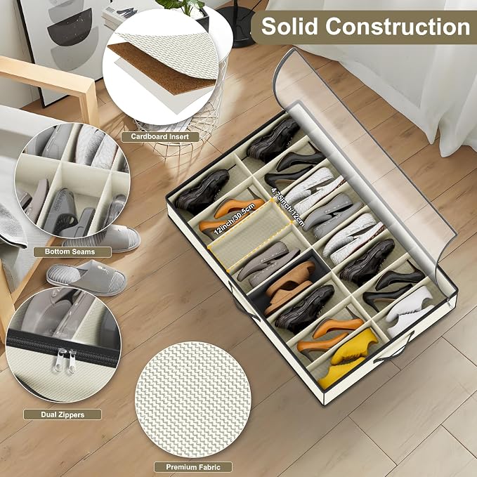 32 Pairs Shoe Organizer Under Bed, Sturdy Underbed Shoe Storage Boxes Bins, Organizador De Zapatos, Extra Large Zapateras Organizer, Beige, Set of 2