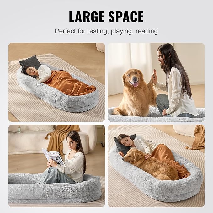 VEVOR Human Dog Bed, 67.7"x35"x9.8" Human Dog Bed for Adult People, Large Size Beds with Washable Faux Rabbit Fur Cover, Egg Orthopedic Foam, Storage Pocket, Bean Beds for You and Pet, Light Grey