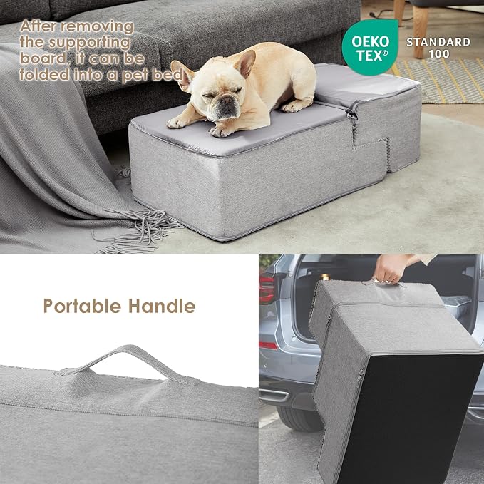 EHEYCIGA Dog Stairs for Bed 18" H, 4-Step Extra Wide Dog Steps for High Bed, Pet Steps for Small Dogs and Cats, Non-Slip Balanced Pet Ramp Indoor, Light Grey