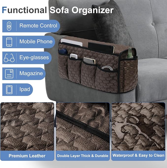 TV Remote Control Holder for Armchair, Arm Chair Caddy for Recliner 14 Pockets, Non-Slip Sofa Armrest Organizer Storage for Cell Phone TV Remote Control Magazines (Brown)
