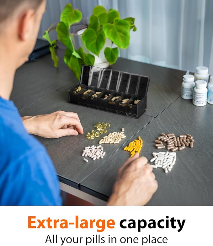 Extra Large Pill Organizer - XXL Vitamin Holder for Weekly Supplements - Double Sided Pill Box 7 Day with Big AM PM Compartments Huge Daily Medicine Dispenser 2 Times a Day Reliable and Easy-to-Use