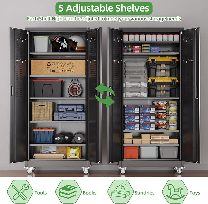 Reemoon Metal Garage Storage Cabinet with Wheels and Pegboard, 71" H, Black | 5 adjustable 170 lb shelves, lockable doors, door pegboard and 4 removable casters for garage, workshop and utility storage.