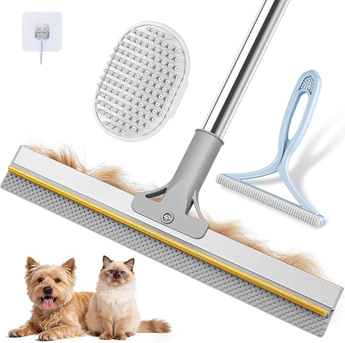 Carpet Rake for Pet Hair Removal, Reusable Pet Hair Remover Tool with 54 Inch Adjustable Long Handle, 3 Piece Carpet Scraper Set with Pet Bath Brush for Rugs, Carpets, Couch and Furniture