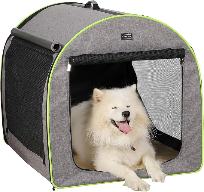 Petsfit Portable Dog Crate, Arch Design Escape Proof Collapsible Soft Sided Dog Crate Dog Kennel (Snowflake Gray with Fluorescent Green, 35.4" Lx29.1 Wx29.9 H)