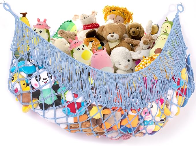 Stuffed Animal Hammock - Extra Large 63'' Long (Light blue) | Premium Cotton Hand-knitted, Beautiful Long Tassel, Storage Hanging Organizer, Can Fit Stuffed Animals 40 Piece or More