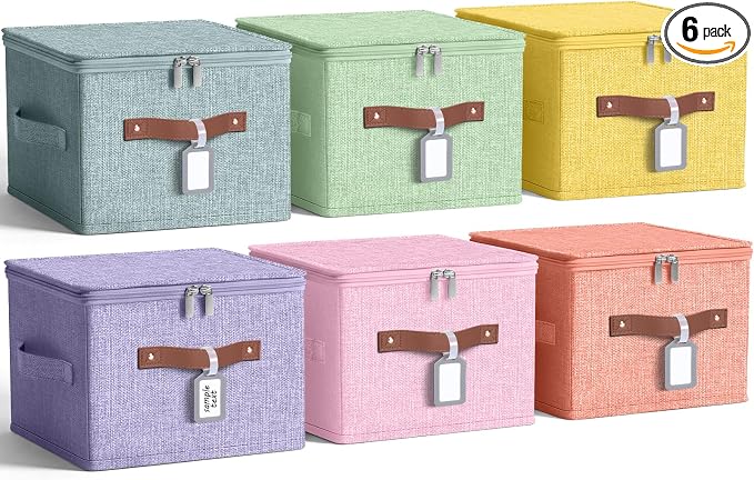6 Pack Fabric Bins with Lids, 10 x 8 x 7 Inch Colorful Fabric Storage Bins with Zipper Lids and Labels, Decorative Foldable Storage Cubes with Handles for Closet Nursery Organization, Colored