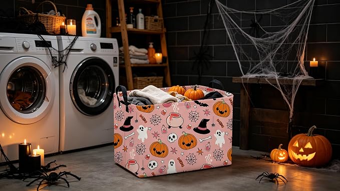 Sanjiaofeng Rectangular Pink Halloween Horror Ghost Storage Basket,Scary Pumpkin Basket,Halloweens Party Baskets,Halloween Candy Storage Baskets with Handles(Smiley Pumpkin)