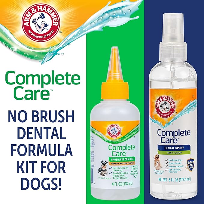 Arm & Hammer Complete Care Brushless Dental Kit for Dogs – Includes No-Brush Oral Gel + Dog Dental Spray, Fresh Breath, Tartar Control, Baking Soda Enhanced Dental Dog Supplies, 4oz