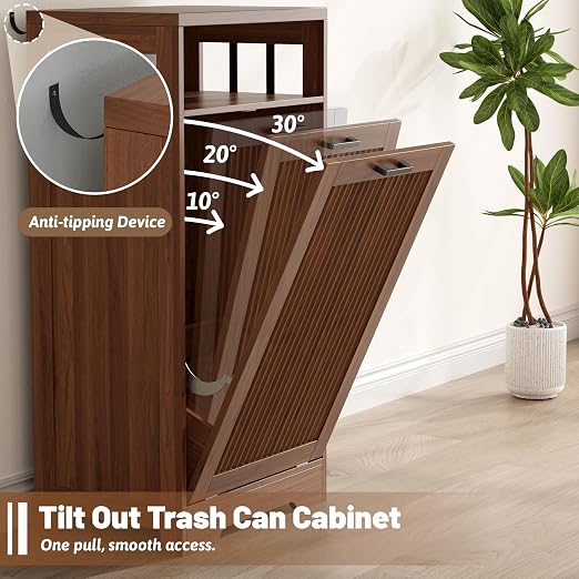 Pet-Proof Single 13 Gallon Tilt Out Trash Can Cabinet with Open Storage – Hide Garbage & Recycling Bins to Keep Your Kitchen Clean and Organized,Walnut