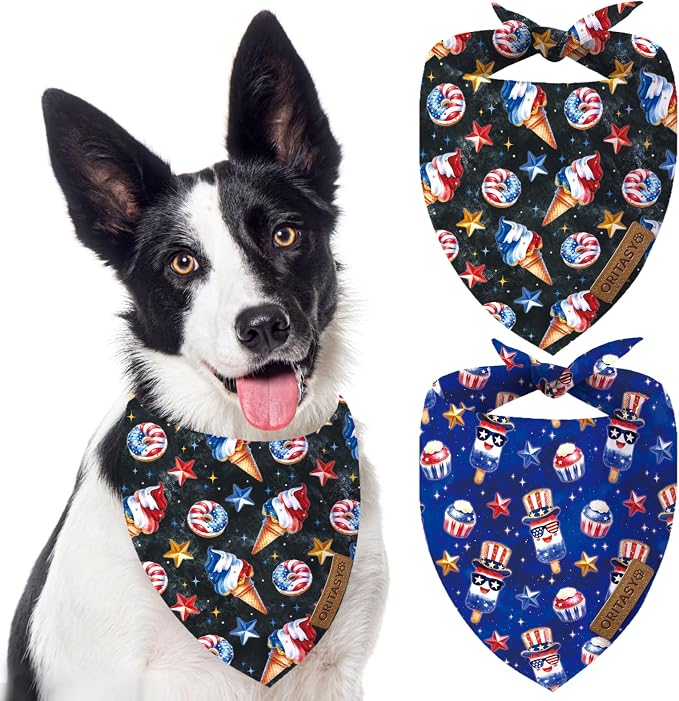 US Flag Dog Bandanas, 2-Pack Triangle Reversible Pet Scarves, Premium Fabric, 4th of July Bandana for All Boys Girls Dogs (Small, 26-Style 2)