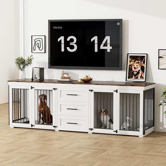 Rophefx 94.5" Dog Crate Furniture for 2 Dogs, Wooden Kennel,White Brown | Indoor double dog house with 3 storage drawers, 4 feeding bowls, lockable doors, and a wide top for large and medium dogs