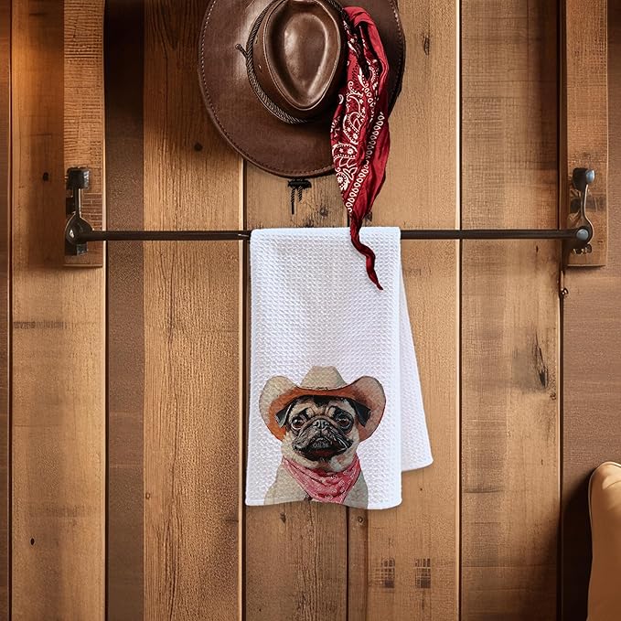 Cabana Bro Pug Kitchen Towels, Pug Gifts for Women Decorative Hand Towels for Bathroom, Funny Vintage Western Cowboy Dutch Dog Wrinkly Dog Dish Tea Towels for Kitchen, 16x24 Inch