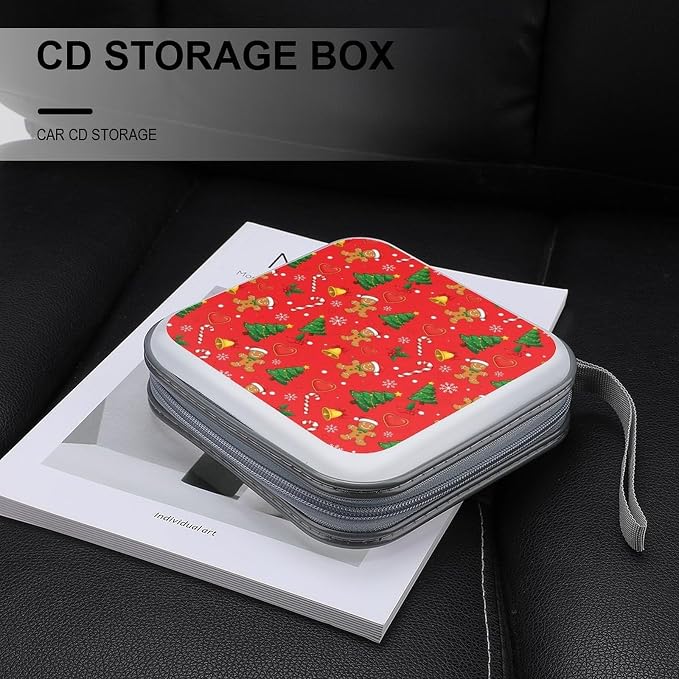 Portable 40-Capacity DVD Storage Binder Red Gingerbread Christmas, Hard Case CD Holder with Zipper, Organizer for Music Movies Game Discs