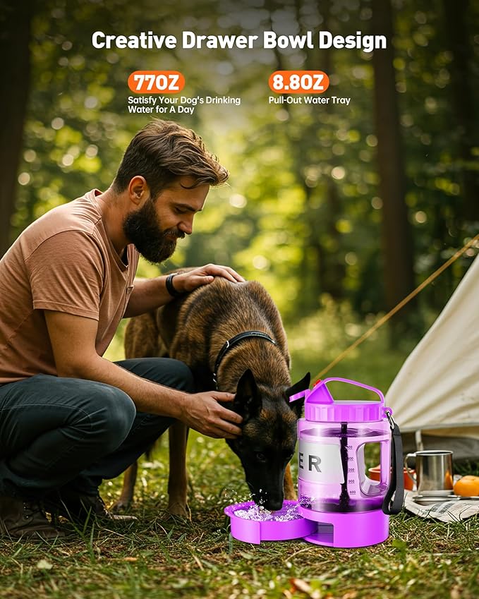 Dog Water Bottle Portable - 77 oz Dog Water Bottle with Bowl Leak Proof, 2 in 1 Pet Travel Cup Suitable Outdoor, Camping, Walking, Beach, Hunting, Large Pet Gear for Dog Lovers （Purple）
