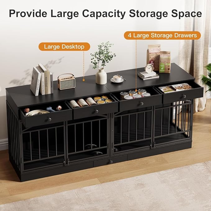 Dog Crate Furniture for 2 Dogs, Double Dog Crate TV Stand, Black | 78.7'' Large Dog Kennel Indoor, 4 Storage Drawers and Feeding Bowls, Pet Kennel for Small and Medium Dogs